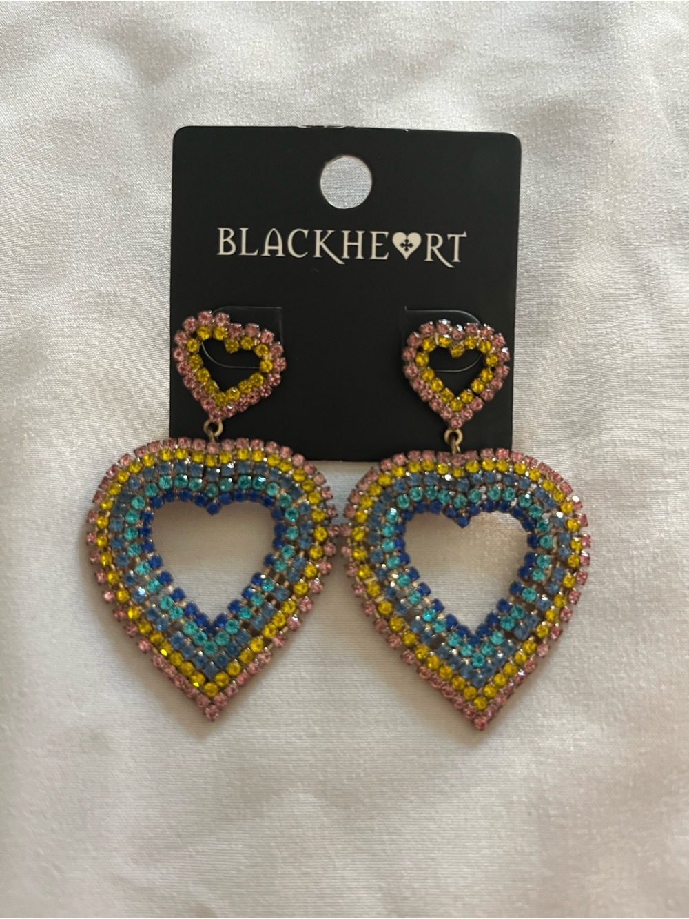 Blackheart Pink Blue Yellow Heart Crystal Drop Earrings